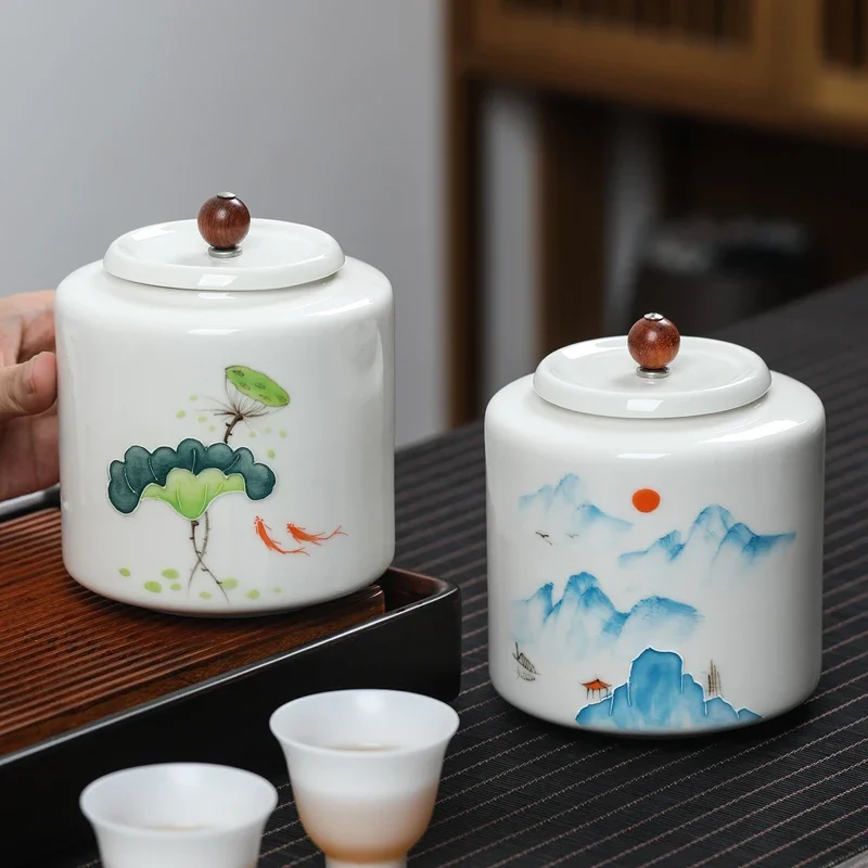 Ceramic Airtight Jar Lid Tea Landscape Grains Storage Bottle Kitchen Container