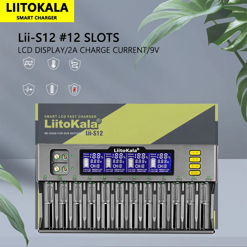 LiitoKala Lii-S12 12-gniazdowa ładowarka LCD do LiFePO4 Ni-MH Ni-Cd 9V 21700 20700 26650 18650 16340 18350 RCR123 18700