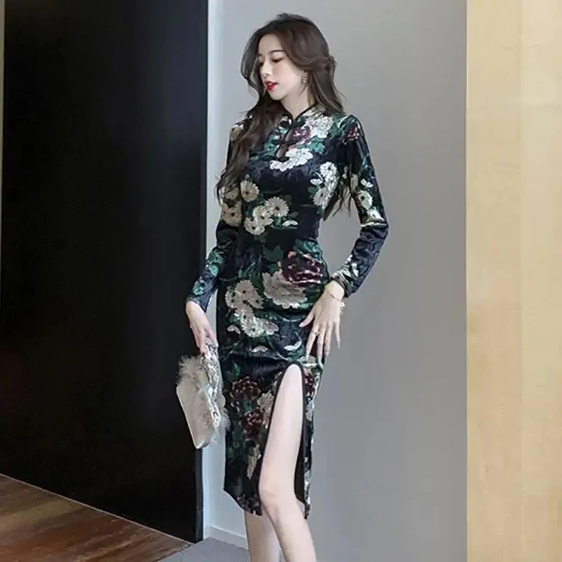 Temperament and Elegant Cheongsam Dress Skirt Long Sleeve Skirt Retro Print Waist Hip Slit Mid-length Dress Black Cheongsam