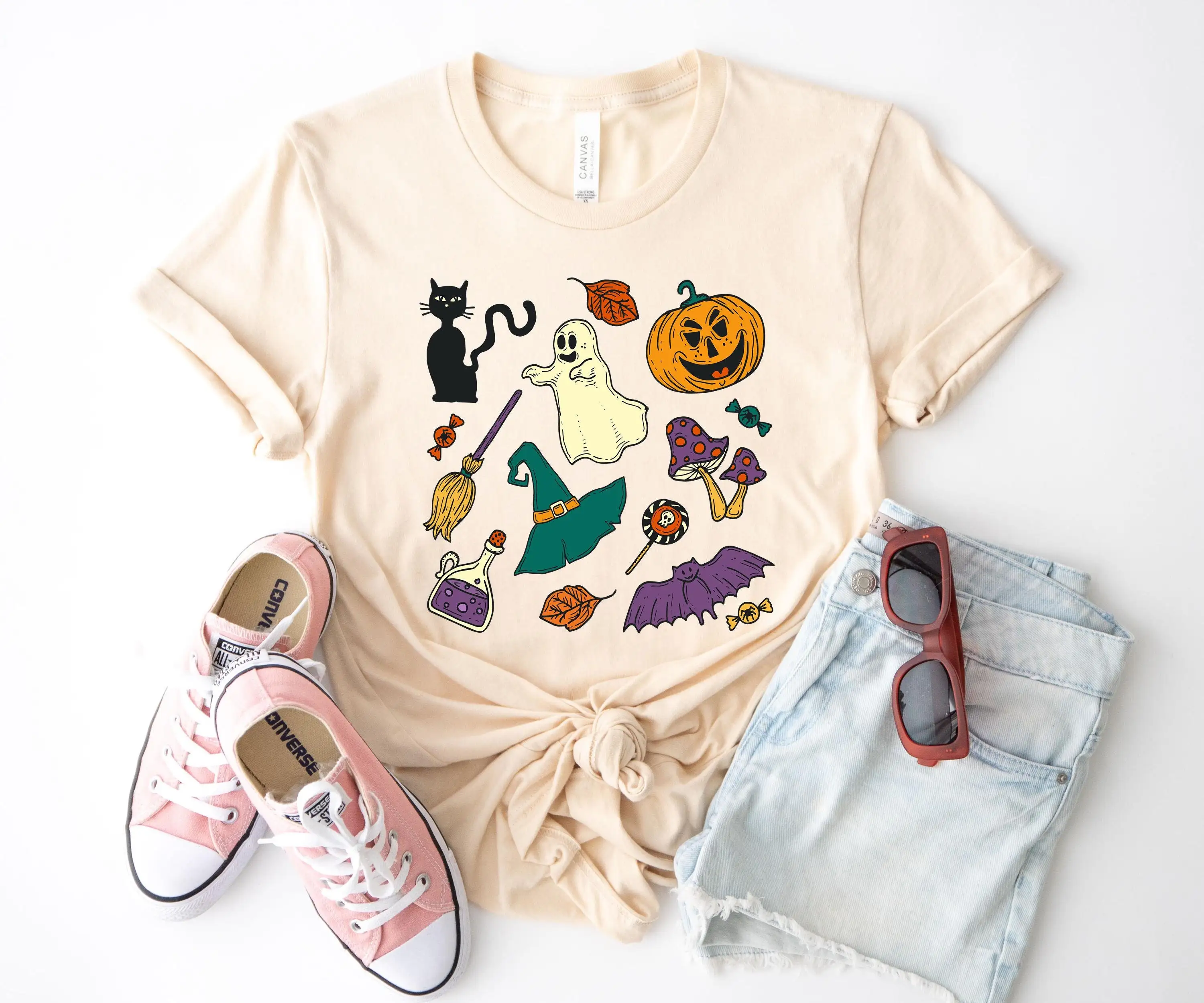 Retro Halloween Doodles T Shirt Vintage Witchy Autumn Skull Spooky Season Cute Pumpkin