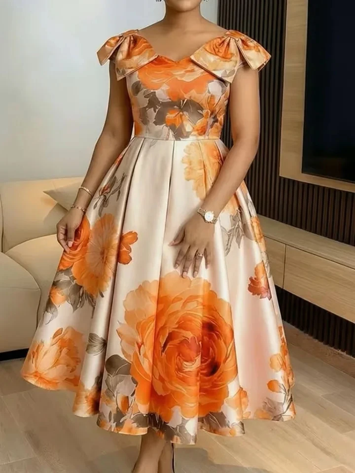 

Elegant Short Sleeve Commute Maxi Dress for Women Casual V-neck Printed Pleated Dresses Summer New Women High Waist Party Dress