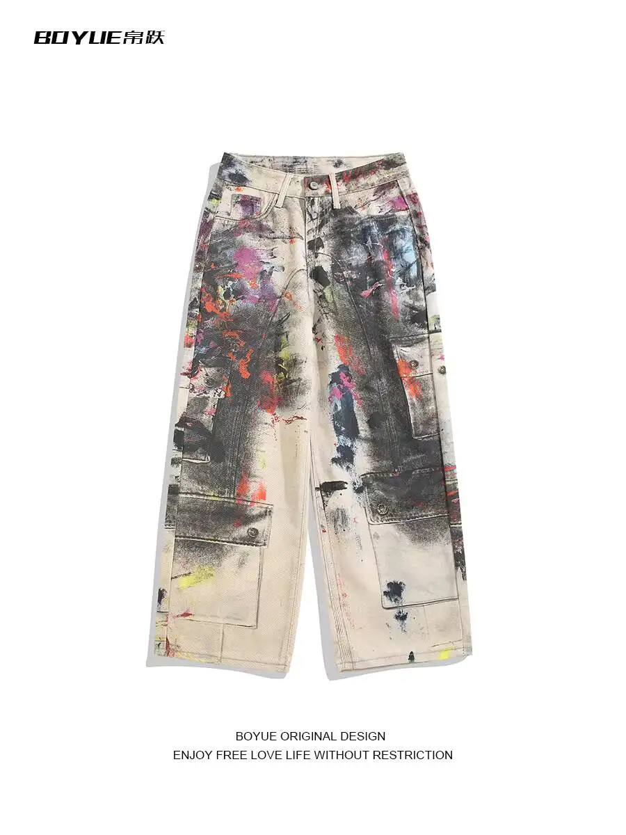 

Unisex Jeans 2026 Spring Tie Dye Graffiti Jeans Mens Cool Hip Hop Streetwear Baggy High Waist Wide Leg Distressed Denim Pants