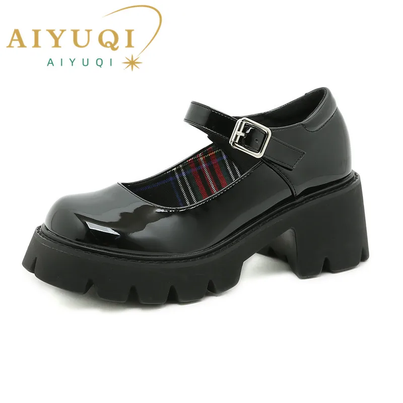 

AIYUQI Mary Jane ladies 2024 Autumn New Patent Leather Thick-soled High-Heel Women's Loafers One-word Buckle Shoes Girl Students
