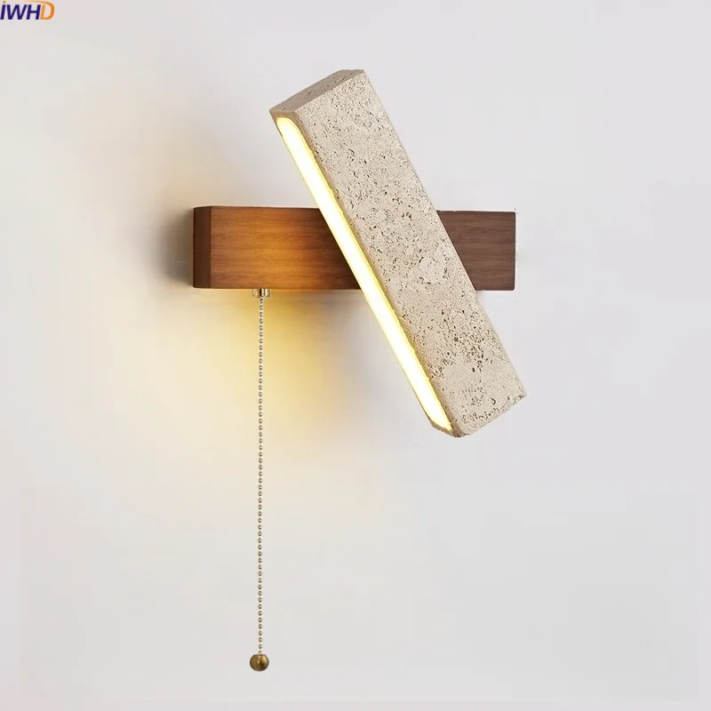 

IWHD Pull Chain Switch LED Wall Lamp Yellow Travertine Stone Wood Wabi Sabi Kids Bedroom Design Bathroom Stair Light Wandleuchte