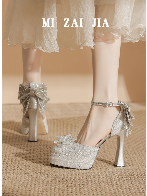 

Mizai Home Crystal Sandals Women's High Heels Silver Color for Summer with Skirt Wedding oes Ladies Faion Hollow out
