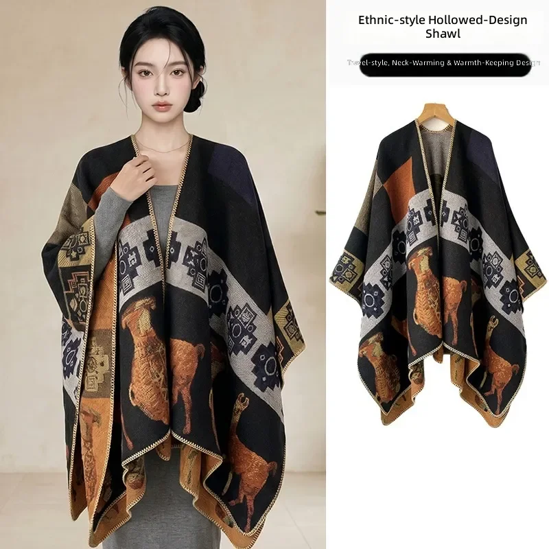 

2026 Ethnic Bohemian Travel Shawl Vacation Warm Large Imitation Cashmere Fringed Cape Scarf Wholesale