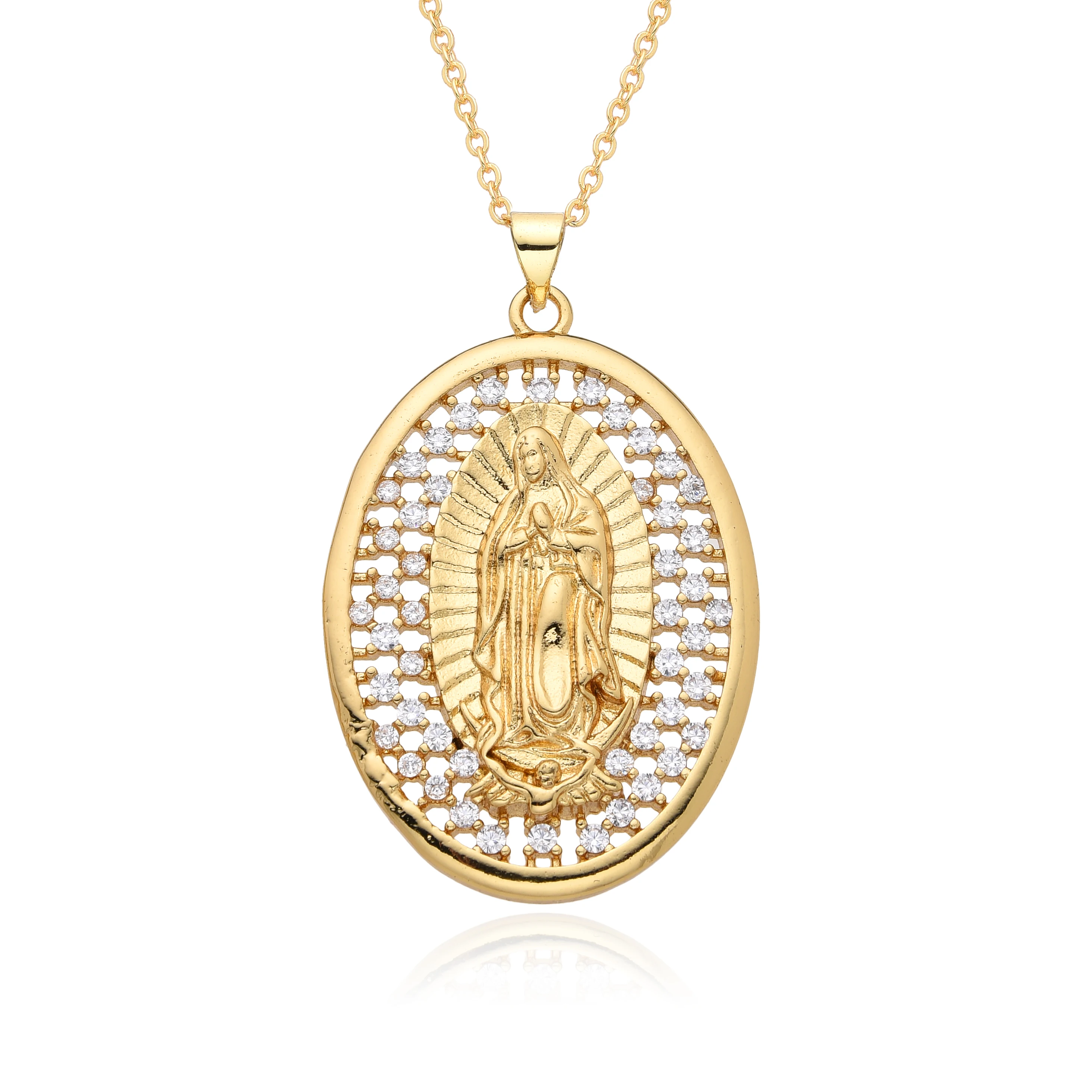 Gold Color Oval Our Lady St. Jude Virgen del Valle Jesus Charms Cubic Zirconia Virgin Mary Necklace for Women Pendant Jewelry