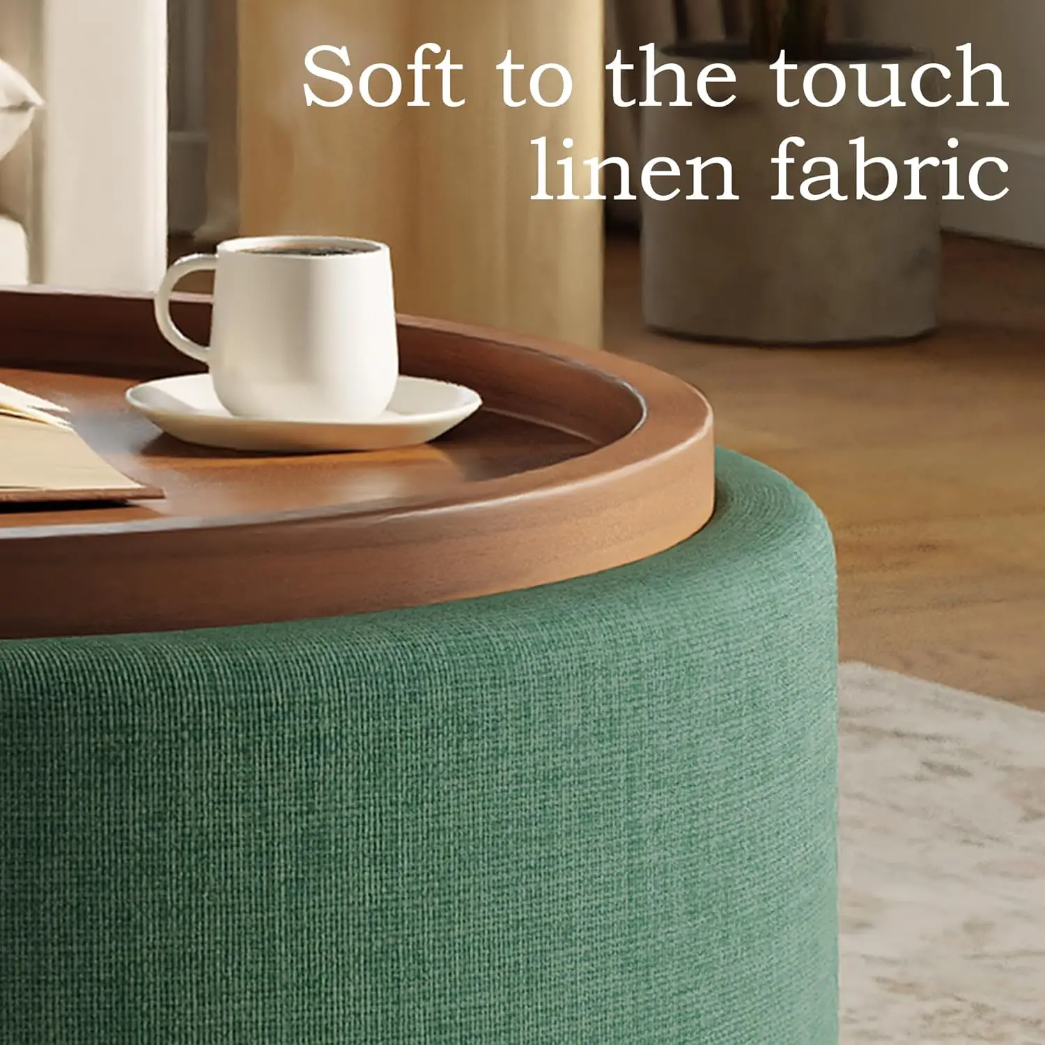 طاولة قهوة عثمانية مستديرة للتخزين مع صينية جوز، مسند دائري مقاس 30 بوصة مع مساحة تخزين، طاولة قهوة مستديرة منجدة حديثة مع #2