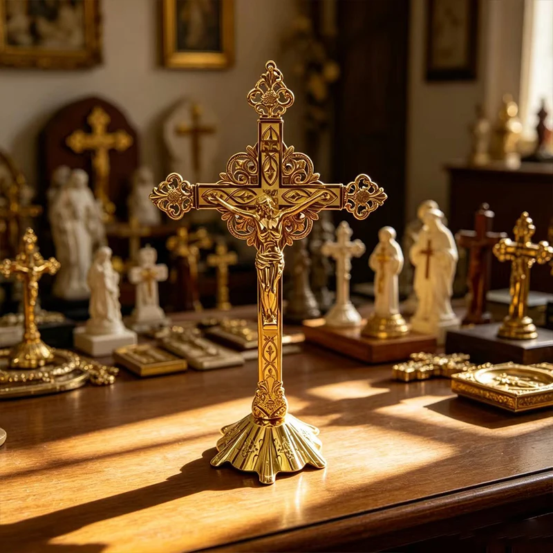 Hochwertiges vergoldetes stehendes Kruzifix mit Jesus Christus für Kirchenaltare, Tischdekoration und religiöse Segenszeremonien – Detail 4