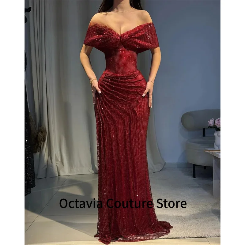 

Elegant Wine Red Off Shoulder Evening Dress Mermaid Pleats Prom Dress Side Slit Formal Party Gowns Customized Pink Dress
