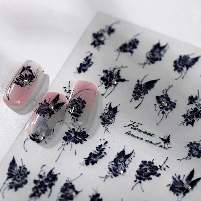 Black Snake Rose Flower Frame Bowknot Candlestick Ribbon Butterfly Birdcage Adhesive Nail Art Stickers Rhinestone Manicure Decal