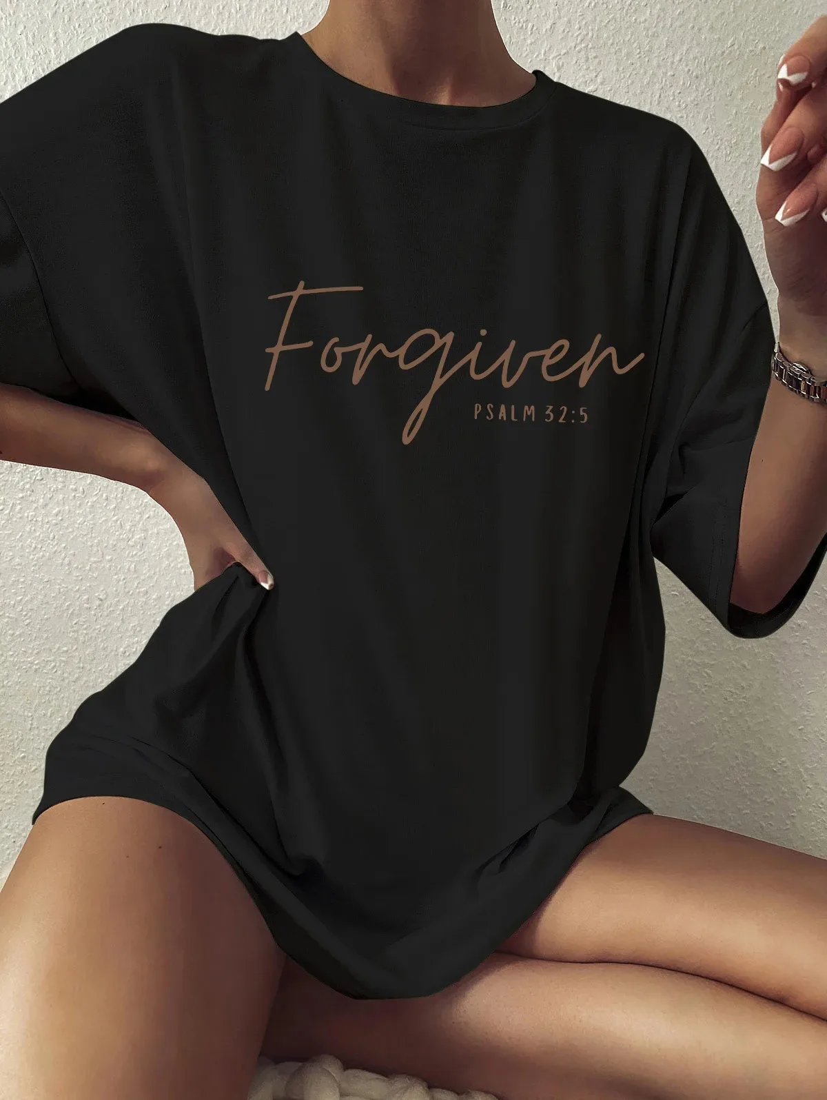 Forgiven Psalm 32:5 Colored Oversized T-Shirt Christian Loose Tee Jesus Apparel Shirt Women Trendy Casual cotton Aesthetic Top