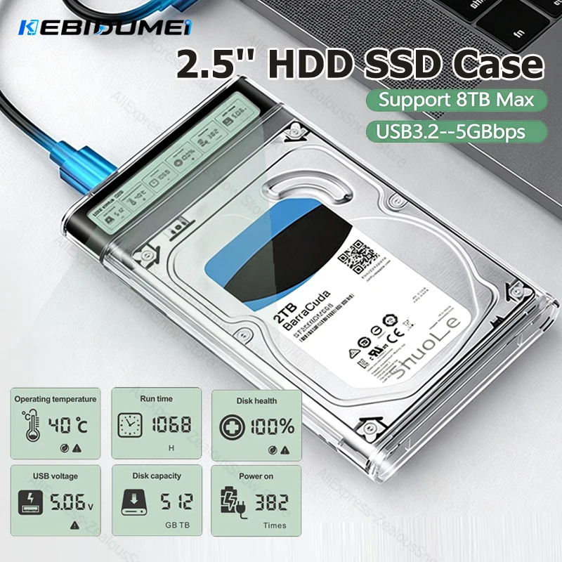 KEBIDUMEI Smart Display 2,5'' HDD SSD Gehäuse Transparentes externes HDD-Gehäuse 5Gbps USB3.2 Gen2 Festplatten-Tragbares Speichergehäuse für PC