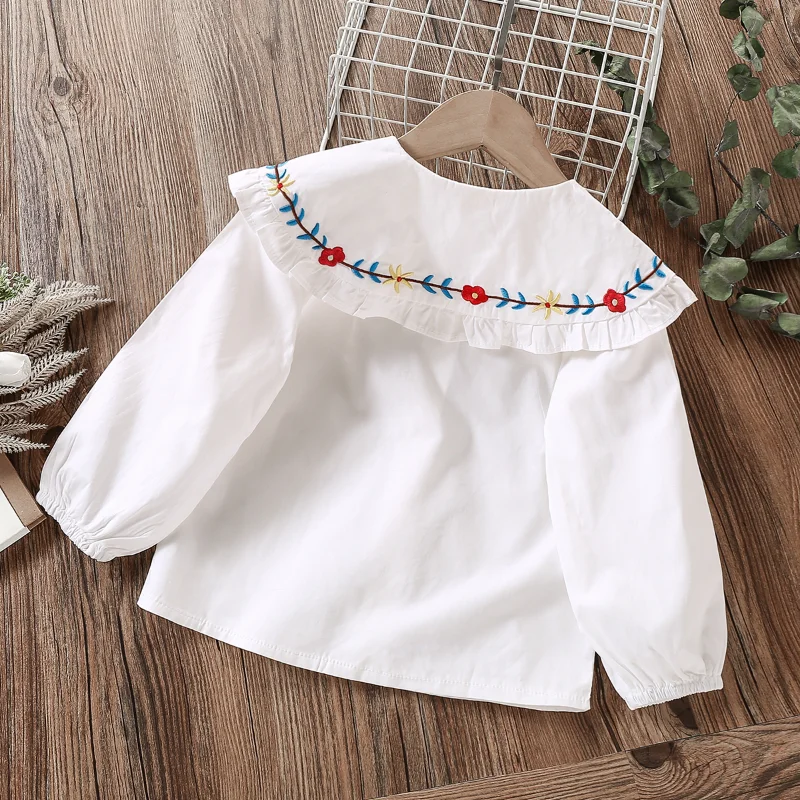 Baby Girls Shirts Toddler Girls White Blouses Kids Clothes Long Sleeve Cotton School Uniform Print Tops  2 3 4 5 6 7 8 Years