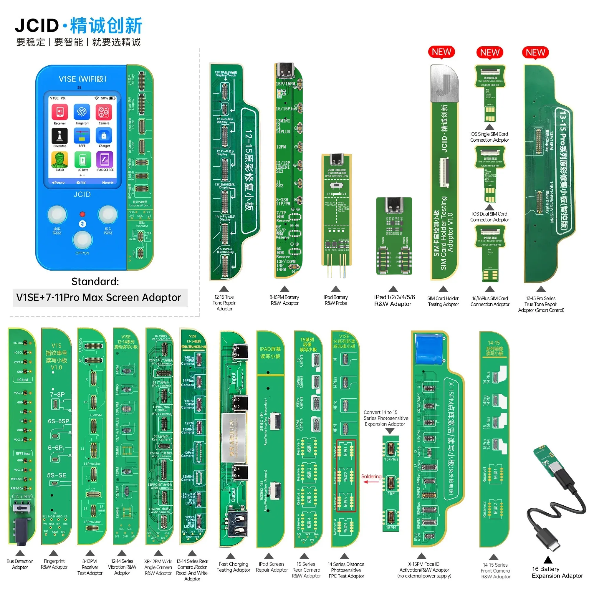 JCID V1S Pro JC V1SE WiFi Programmer Battery /True Tone /Rear Camera /Face ID Repair Adaptors for iPhone 7-15 16 17 Pro Max