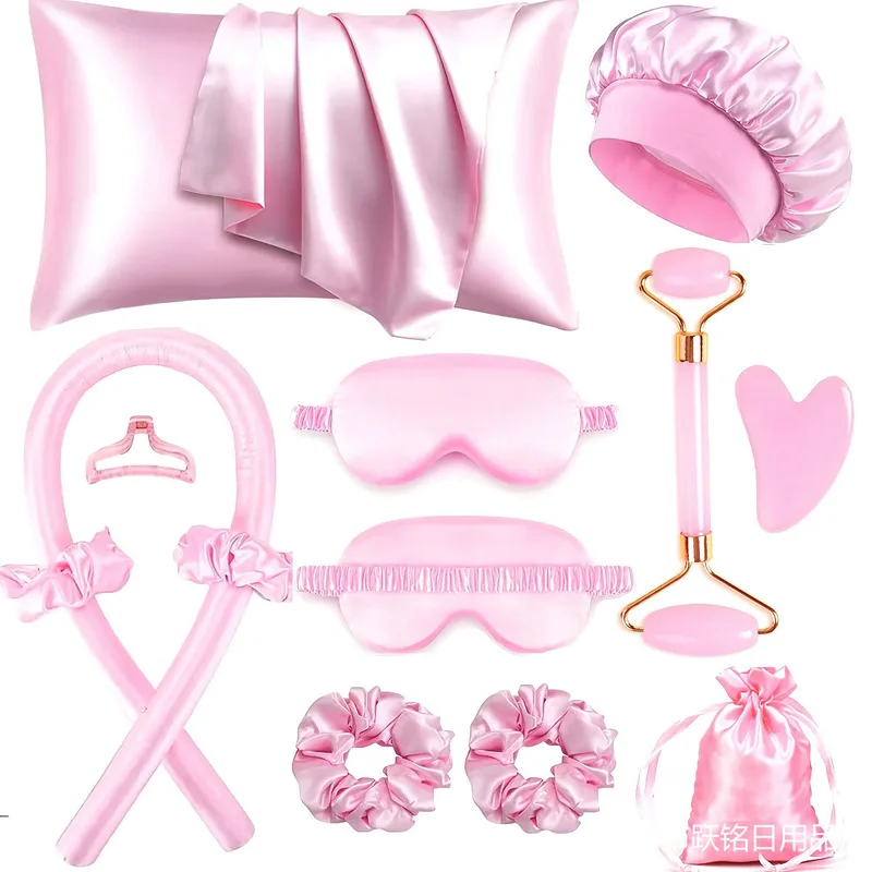 

New Arrival Silk Sleep Hat And Eye Mask Set For Women No Heat Curling Iron Home Use Lazy Girl Simulation Silk Hair Curler Kit