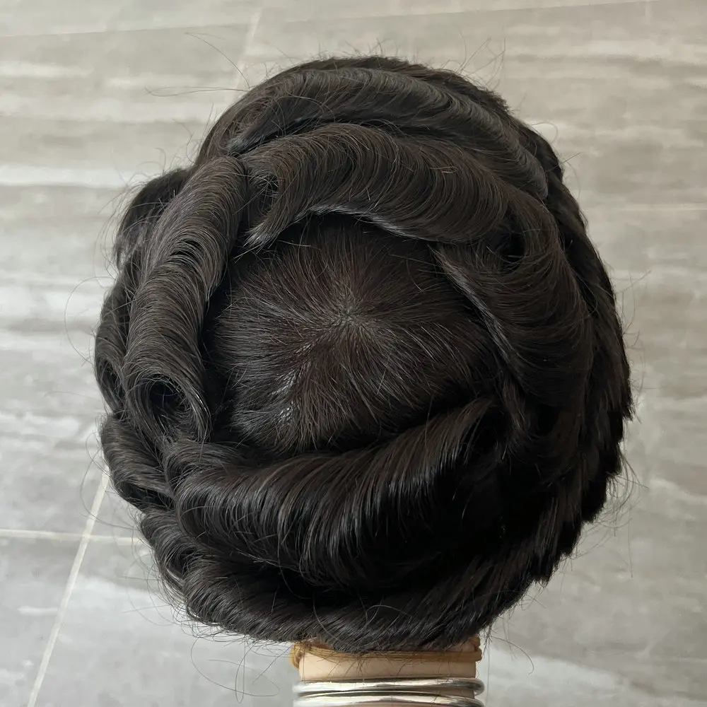 6 # الكستناء البني الشعر المستعار للرجال الشعر البشري الهندي الرجال الشعرية الاصطناعية رمادي شعر مستعار أسود Male0.1mm سمك الجلد شعر مستعار بولي PU