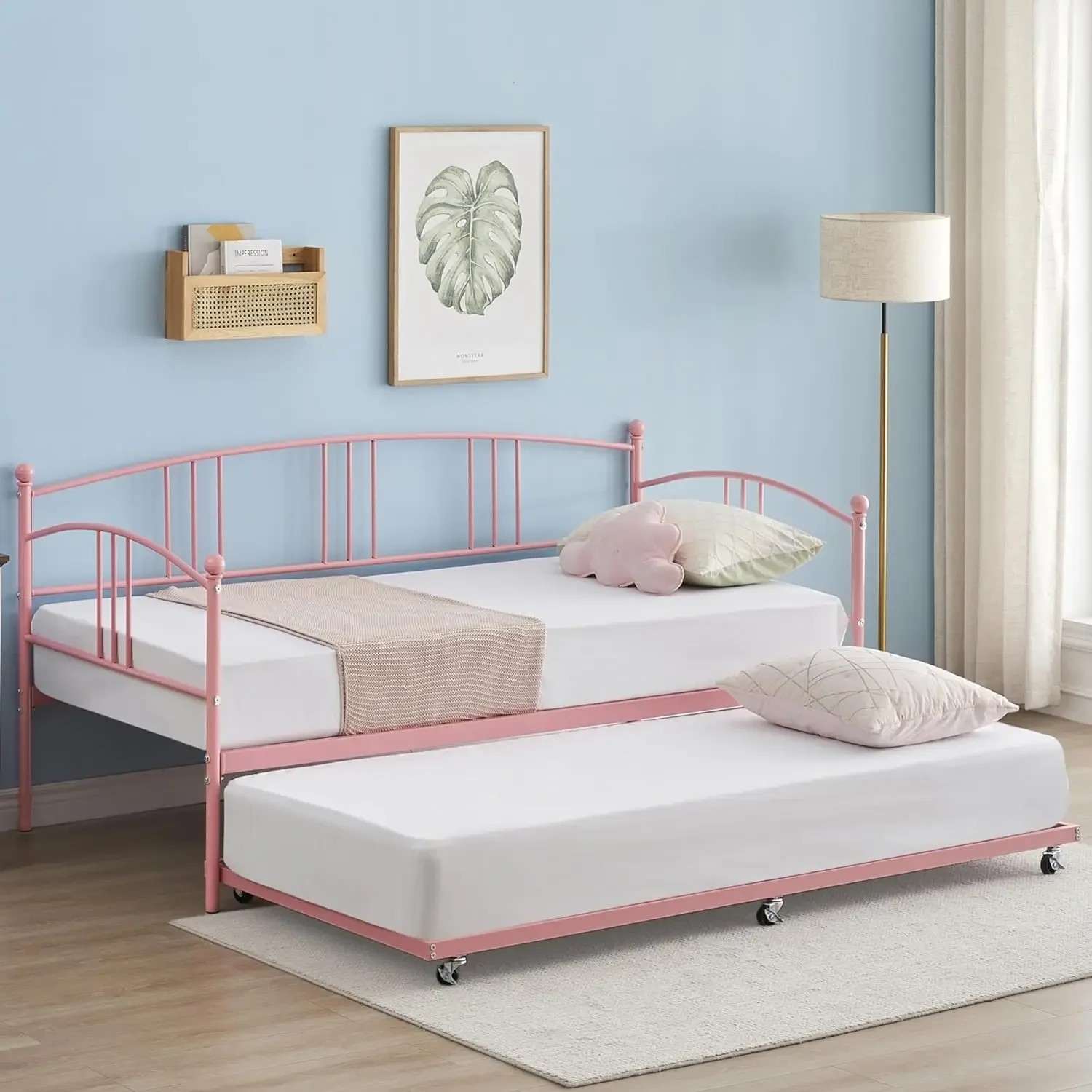 

Twin Metal Day Bed with Trundle and Steel Slat Support Sofa Bed (Black/Pink/White)