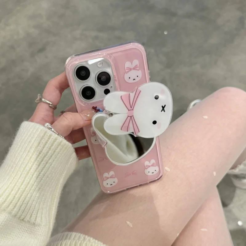 Urocze, różowe etui na telefon z motywem Miffy, z magnetycznym mocowaniem MagSafe i bezprzewodowym ładowaniem, z lusterkiem do makijażu, dla iPhone 16 15 14 13 17 Pro Max. — zdjęcie produktu 3
