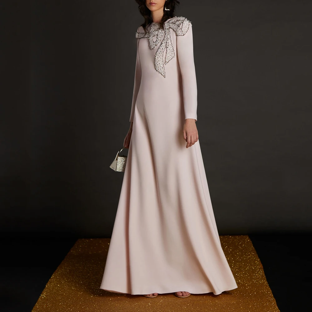 

Elegant Wedding Guest Dresses for Women Beading Bow Modest Evening Gowns Long Sleeves O Neck A Line Luxurious Formal Party Dress