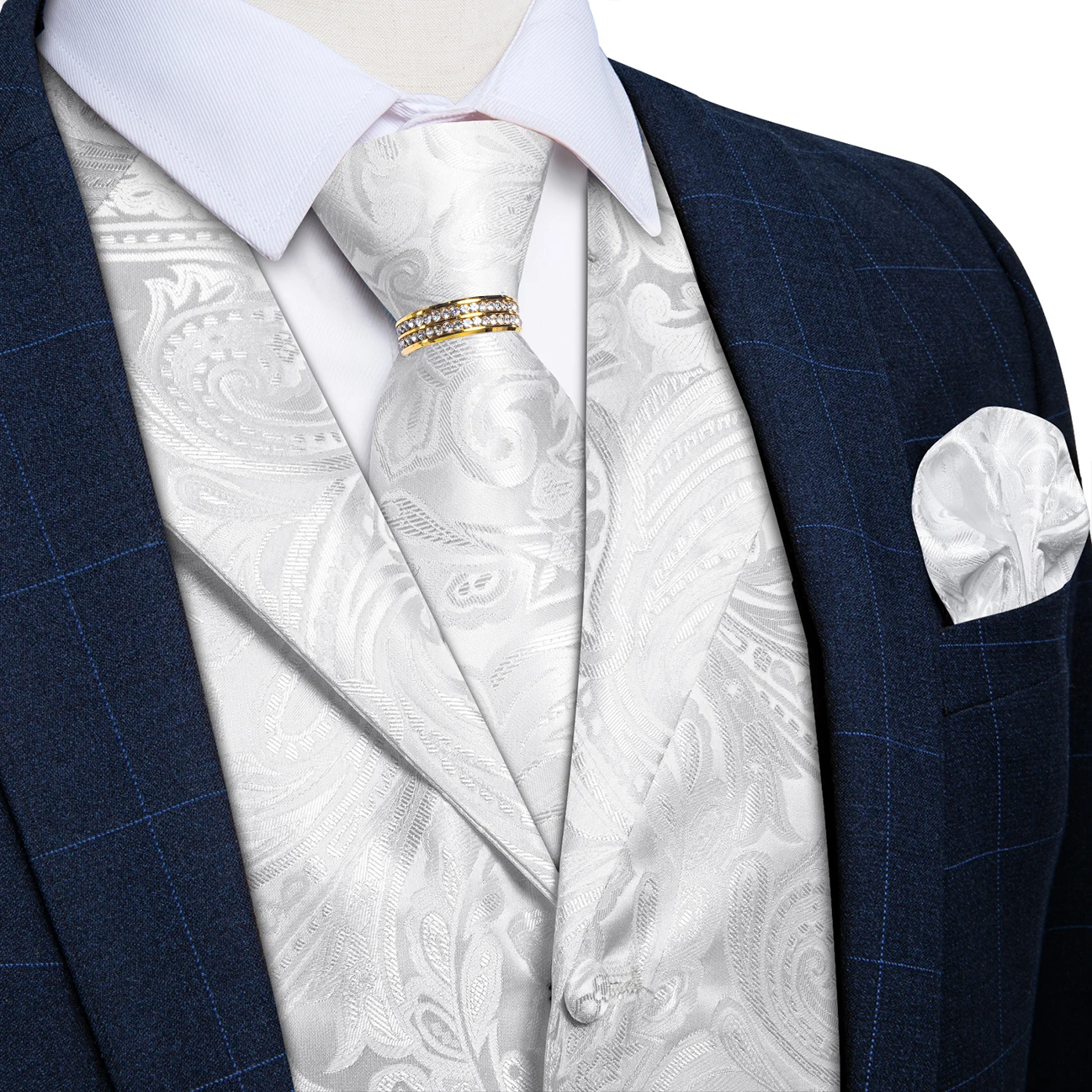 Cufflinks Silver Set - Silver White Notch Lapel Paisley Vest