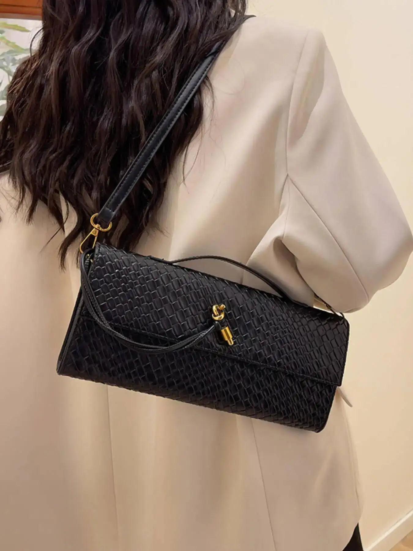 

Women's Intage Minimalist Fauxwoven Felt Flap Lock Long Handbagtote Bag, Large Capacity Clutch Suitable For