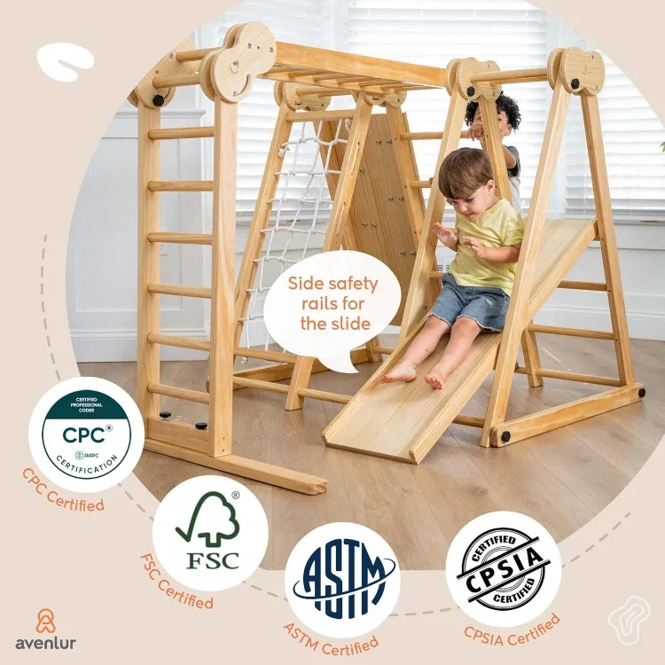 Chestnut 8-in-1 Indoor Foldable Playset for Kids - with Slide, Climbing Wall, Monkey Bars, Swing