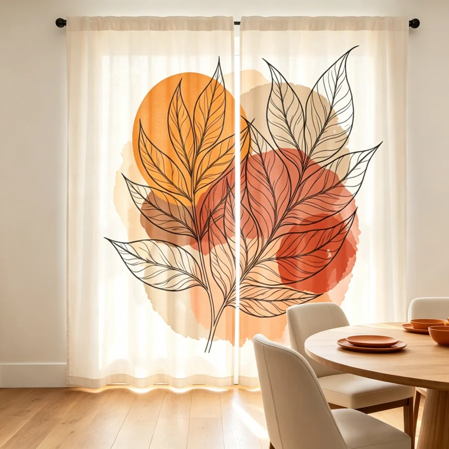 2PCS Digital Print Curtain, Ink Black Leaves with Orange Glow, Moody Dark Autumn Botanical Style for Living Room Bedroom Decor