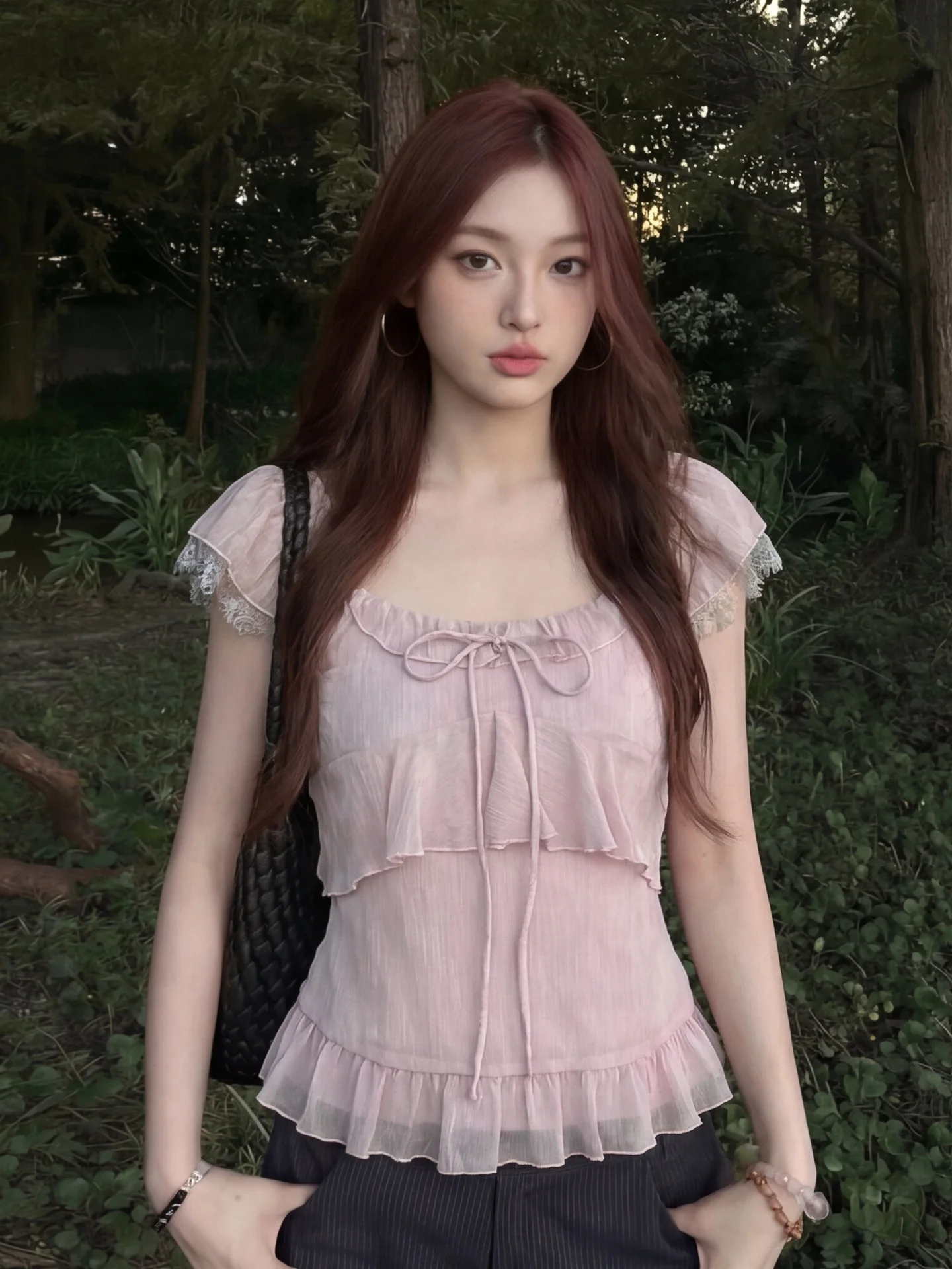 

French Style Lace Splice Flying Sleeve Shirt Women's Summer New Age Reduction Babydoll Top Purple Gentle Temperament Blouse