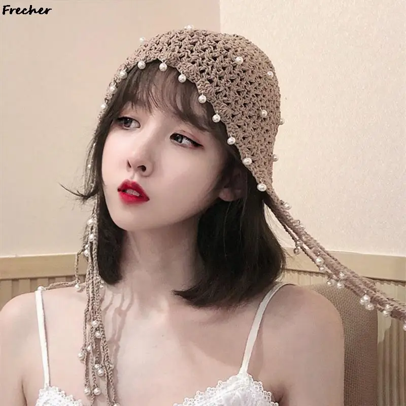 Wedding Party Tassel Hat Women Creative Pearl Braid Mesh Hats Vintage Ethnic Style Crochet Hollow Knit Caps Beautiful Headpiece