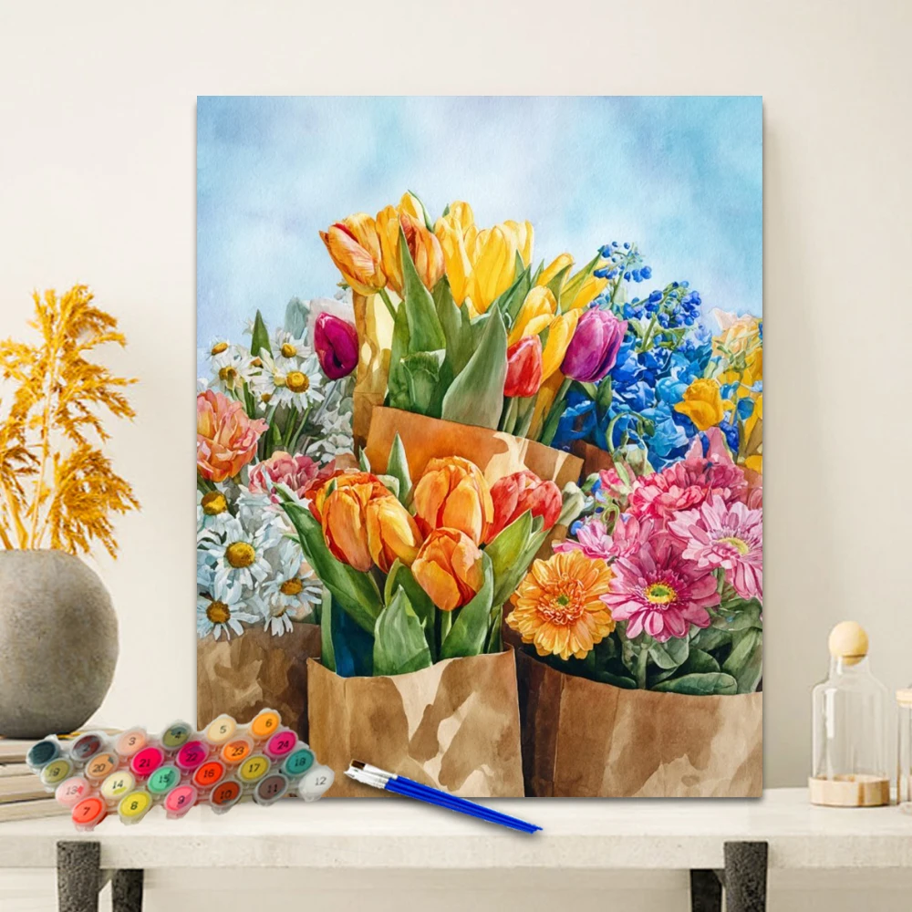 Painting By Numbers  Watercolor flower arrange  Anniversary gift on Digital Painting Canvas Acrylic Paint Image Digital Coloring