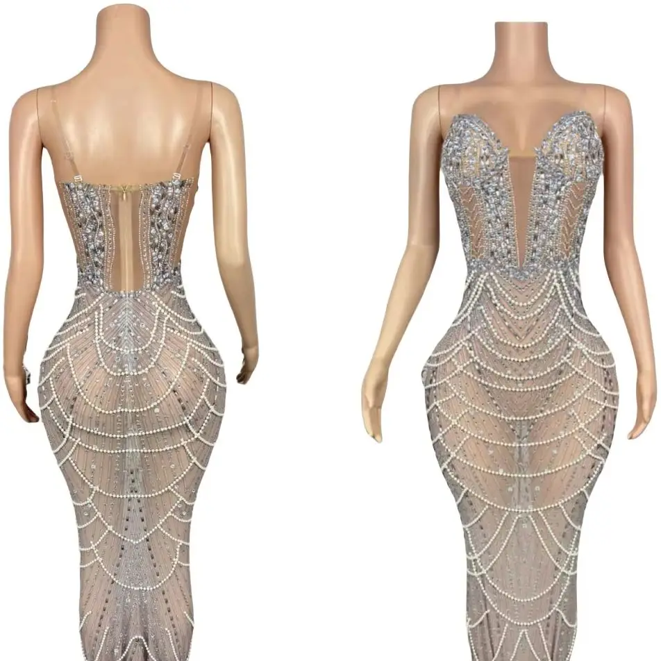 

Women Sparkly Crystals Formal Couture Luxury Pearls Chains Evening Gown Celebrate See Through Mesh Sexy Long Dress Zhenzhulian