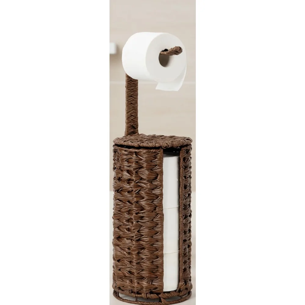 

Modern Wicker Toilet Paper Holder Stand with Storage Shelf, Freestanding Tissue Roll Organizer for Bathroom Decor and RV
