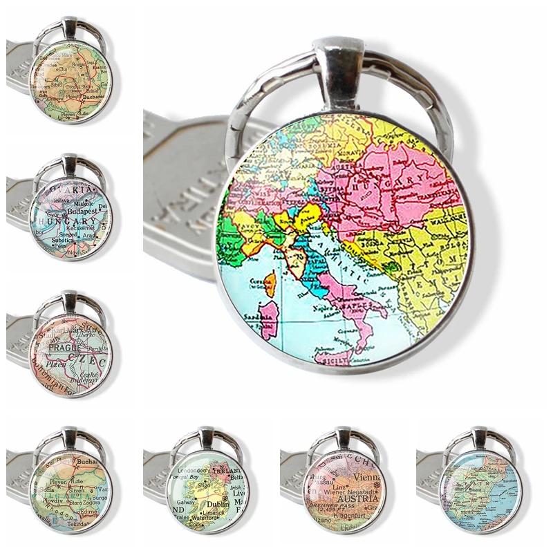 European Countries Map Keychain France Spain Poland Germany Poland Italy Vintage Map Key Chain Ring Travel Gift