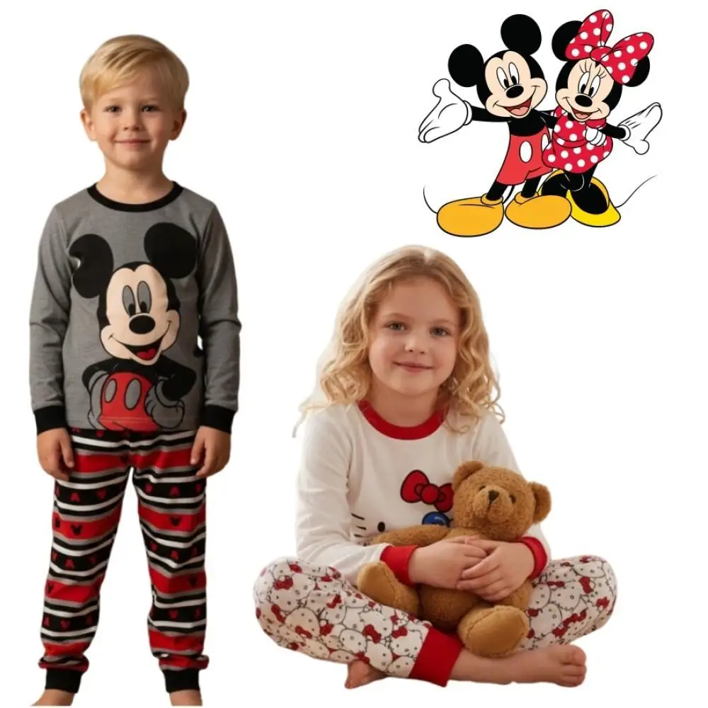 New 2pcs/set Mickey Minnie Print Cosplay Costume for Boy Girl Cotton Hello Kitty Long Sleeve Pajamas Cartoon Sleepwear Set Gift