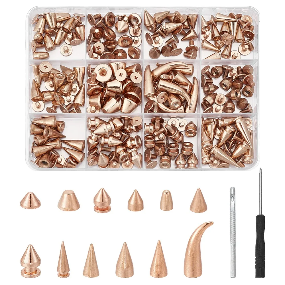

120Pcs 12 Styles Alloy Rivets Sets Mixed Shapes with Steel Screwdriver and Alloy Leather Tools Golden 9~20x6~9mm 10pcs/style