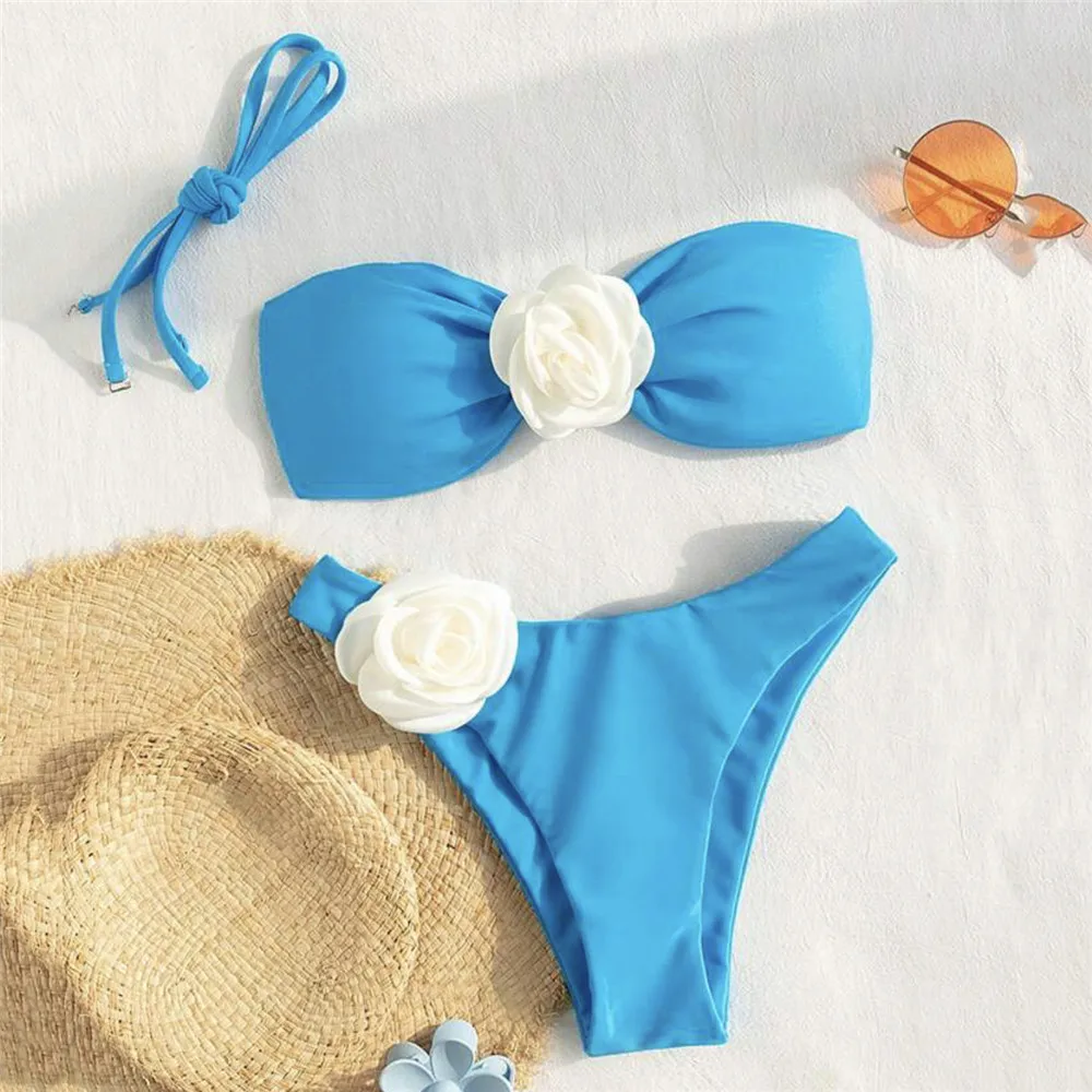 Sexy Blue 3D Flower Swimwear Bandeau Bikinis Sets 2024 Mujer Swimsuits Women Back Kontted Bathing Suit Thong Bikini Biquinis