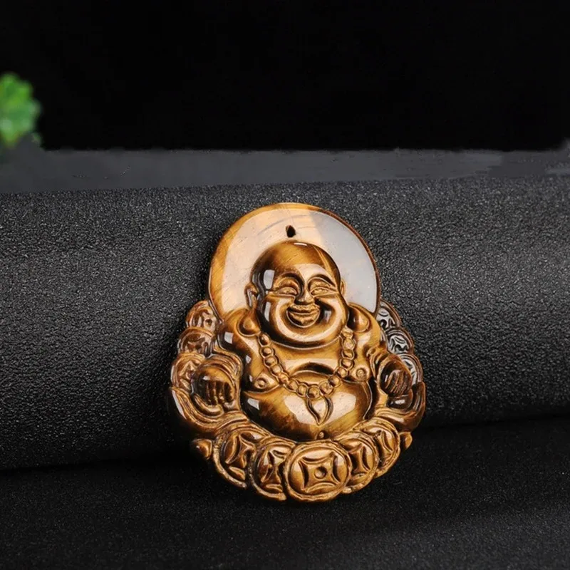 

Natural Tiger Eye Stone Hand Carved Maitreya Buddha Jade Pendant Fashion Boutique Jewelry Men's and Women's Necklace Gift