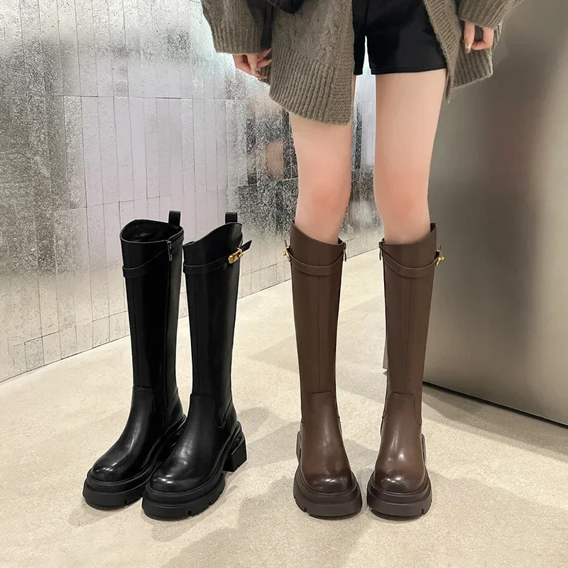 

Women Knight Long Boots Fashion Elegant Belt Buckle Side Zippers Shoes Square Heel Women's Knee High Booties