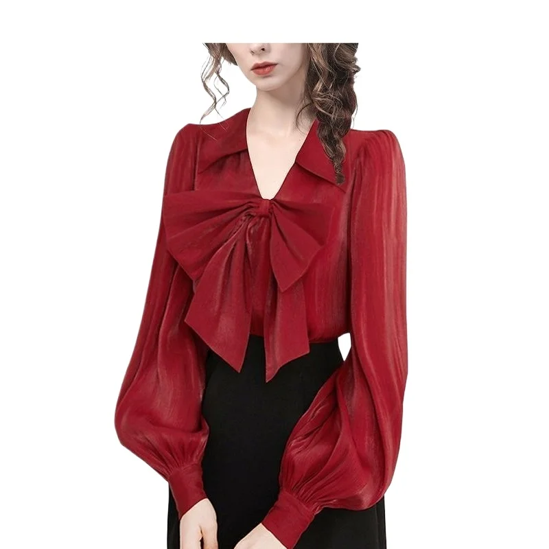 European Spring Autumn Lantern Sleeves Satin Bow Chiffon Shirt Top Female Princess Style Design Shirt Chic Temperament Commuting