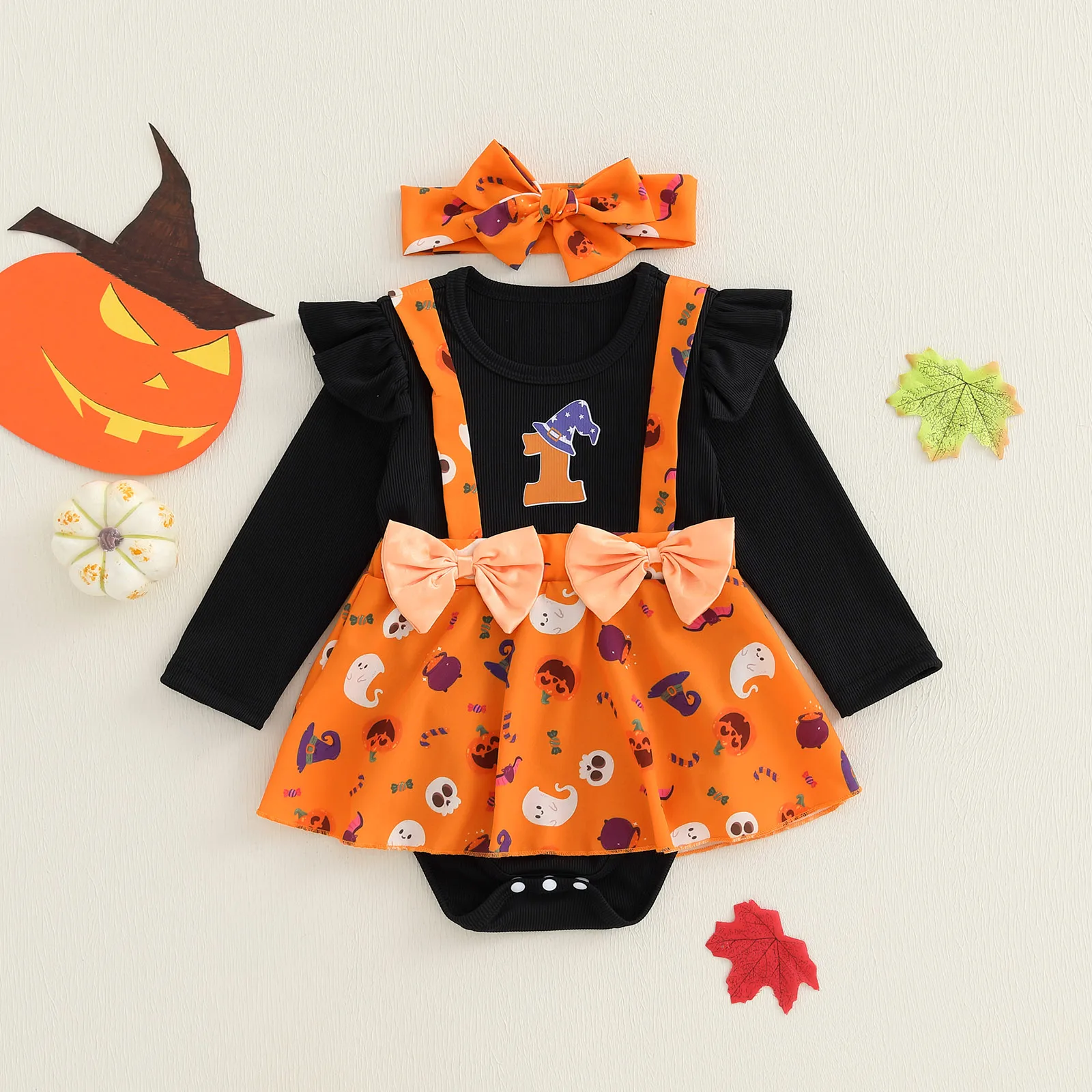 

Baby Girl Bodysuits Halloween Outfit Skull Ghost Fake Two-Piece Long Sleeve Romper Dress and Headband 2 Piece Fall Set
