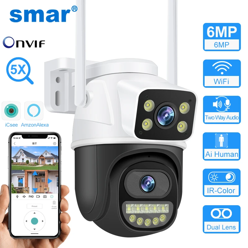 

Smar PTZ Wifi Camera 6MP Dual Lens With Dual Screen Ai Human Detect Auto Tracking Wireless Outdoor CCTV Video Surveillance ICSee