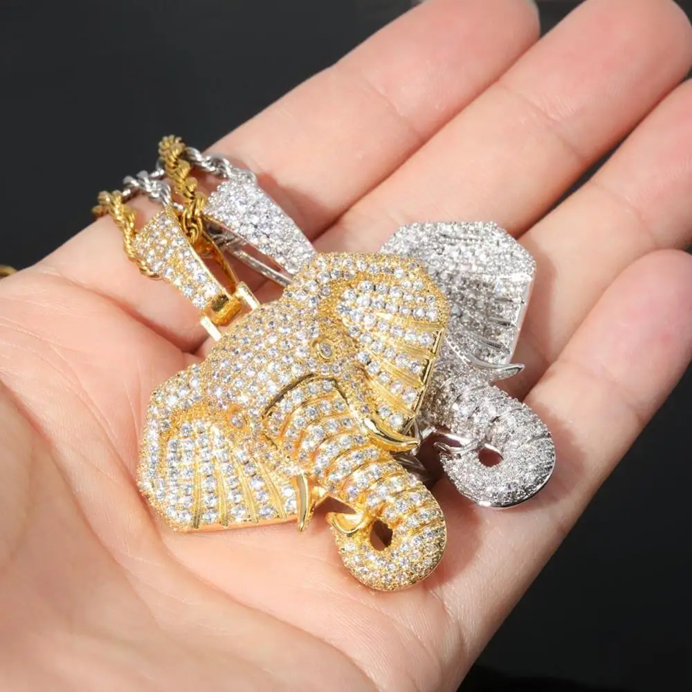 Hip Hop Micro Paved AAA Cubic Zirconia Bling Iced Out Animal Elephant Pendants Necklace for Men Rapper Jewelry Rose Gold Color