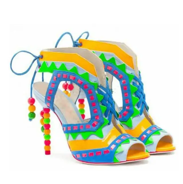 Summer Mixed Colors Small Triangle Patchwork Multi Beads Heels Sandals Boots Slingbacks Beads Lace-up T Stage Runway Shoes