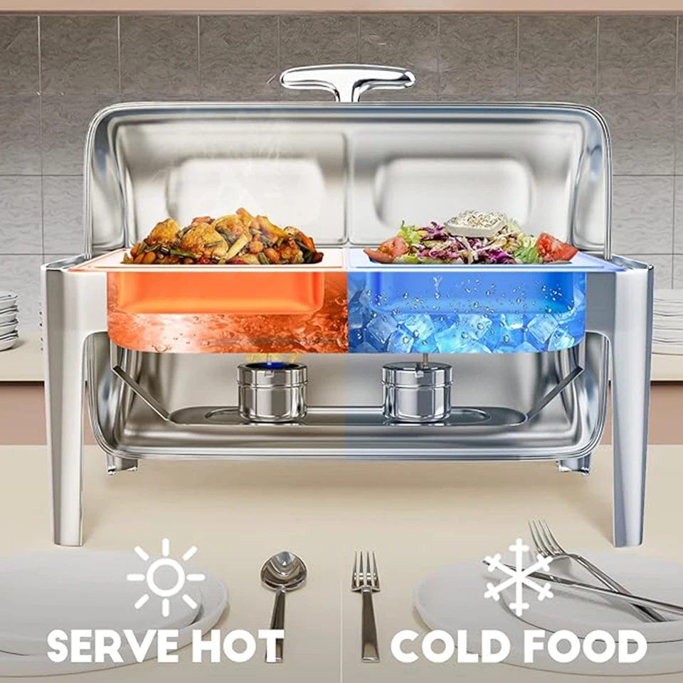 ZC201-2 Professional Grade 13 QT Chafing Dish with 2 Half Size Pans in Stainless Steel for Restaurants Hotels and Weddings