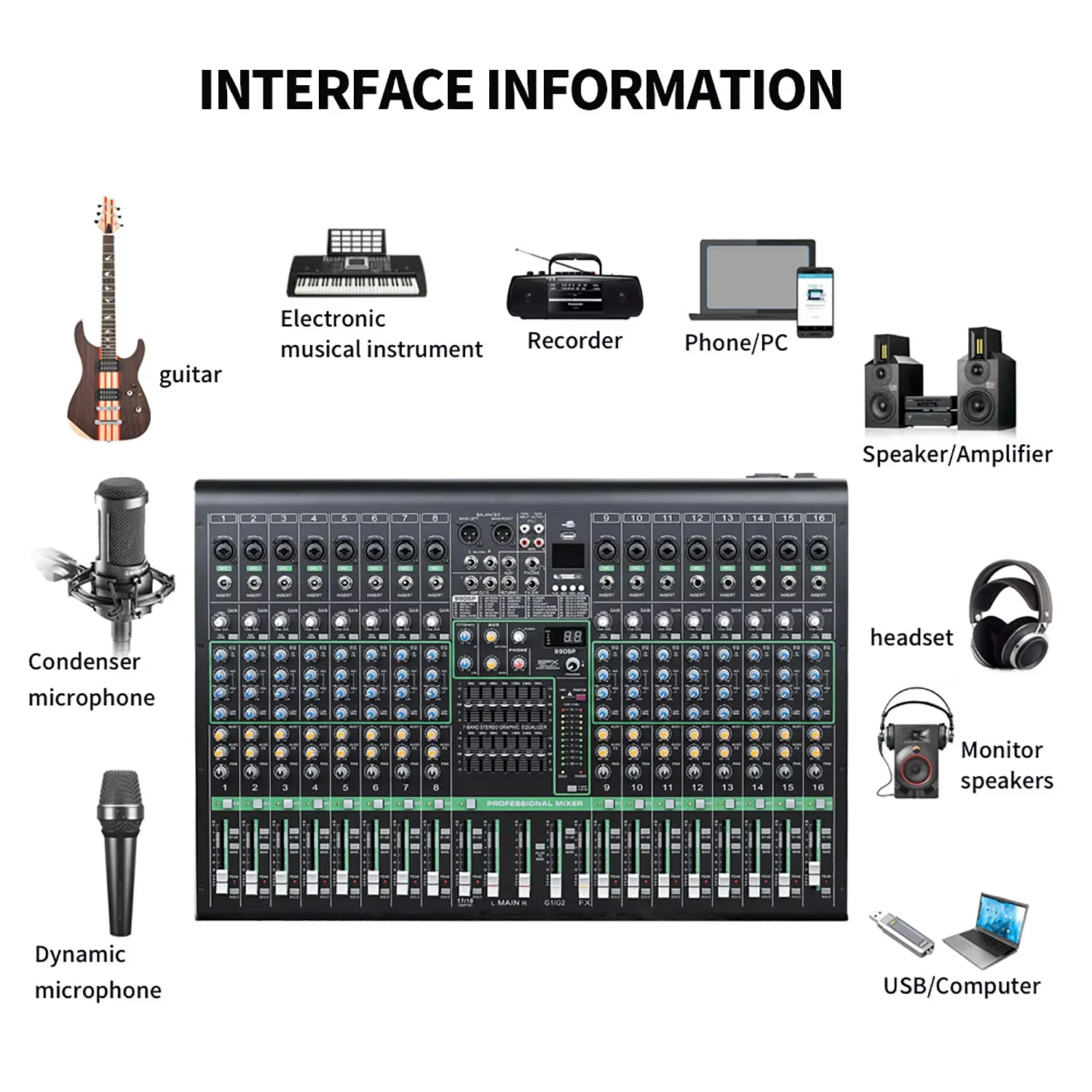 GAX-XS16 profissional 16 canais blueteeth mixer digital dj música karaokê console de mixagem de áudio estéreo usb mixer