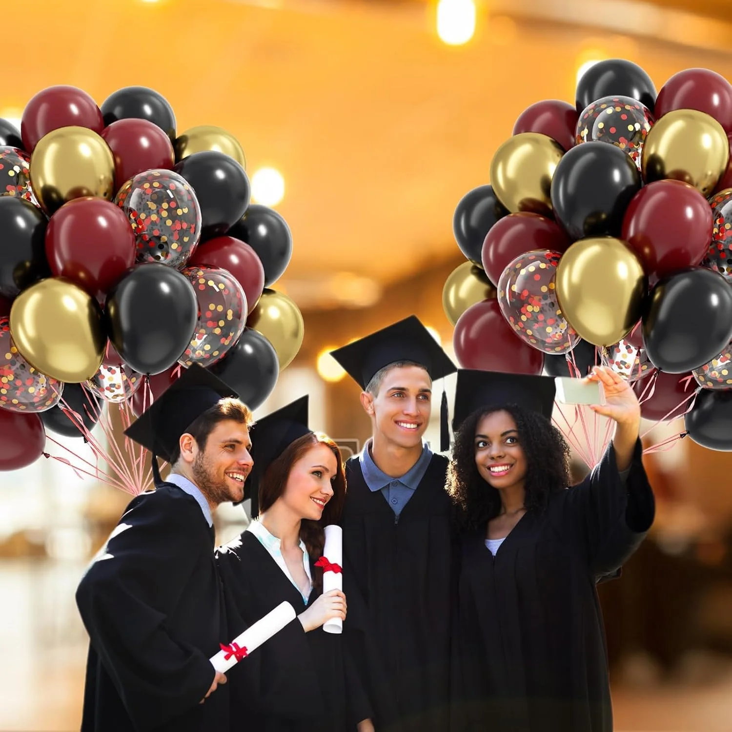 60pcs 12inch Black Burgundy and Gold Balloons with Gold Red Black Confetti Balloons for Maroon Magic Themed Birthday Decorations