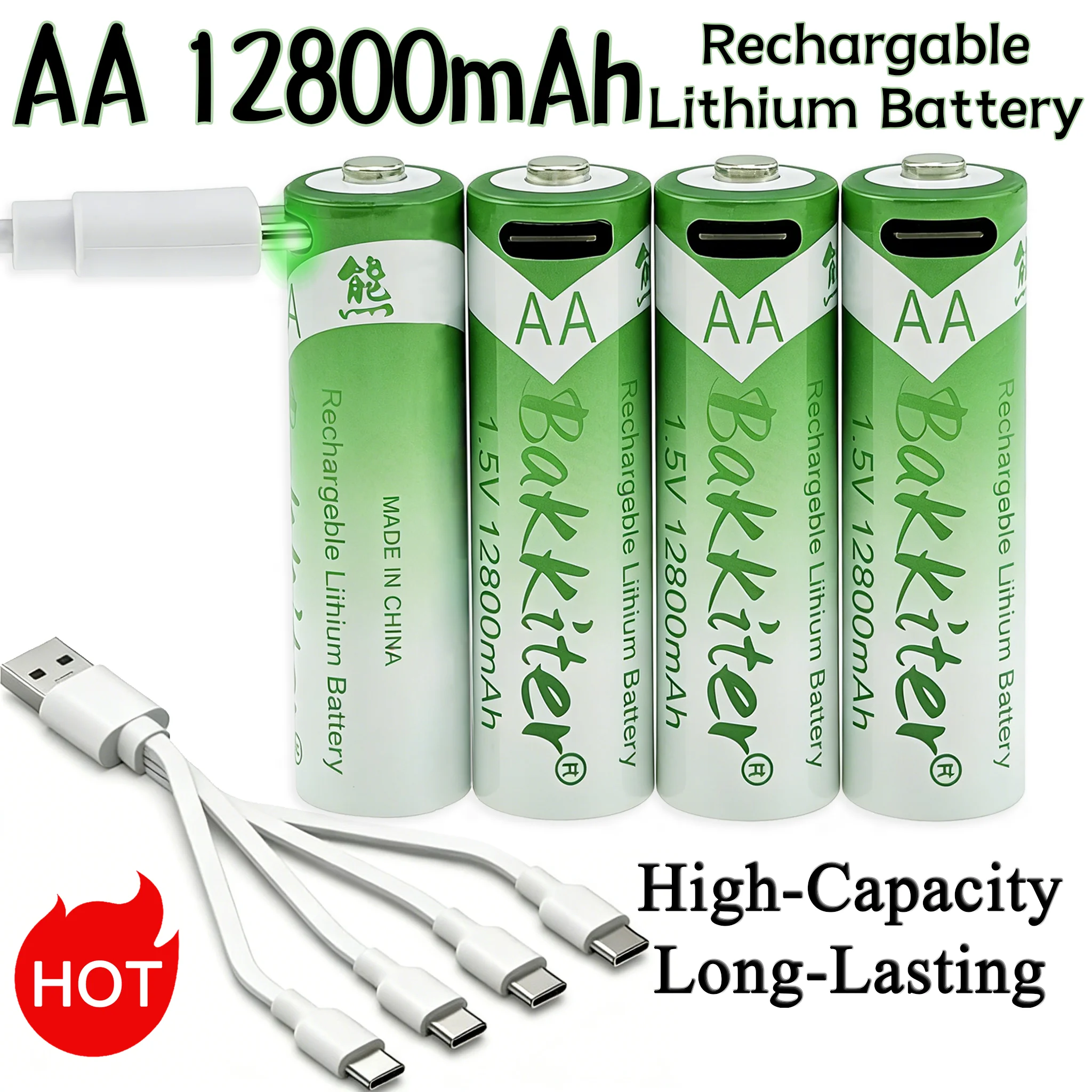 BaKKiter 1.5V AA 12800mAh Rechargable Lithium Battery USB Fast Charging Constant Voltage for Smart Lock Game Controller Keyboard