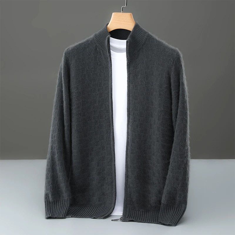 MVLYFLRT Men's 100% Merino Wool Zipper Semi High Neck Cardigan Winter Thick Warm Casual Business Long Sleeved Knitted Jacket