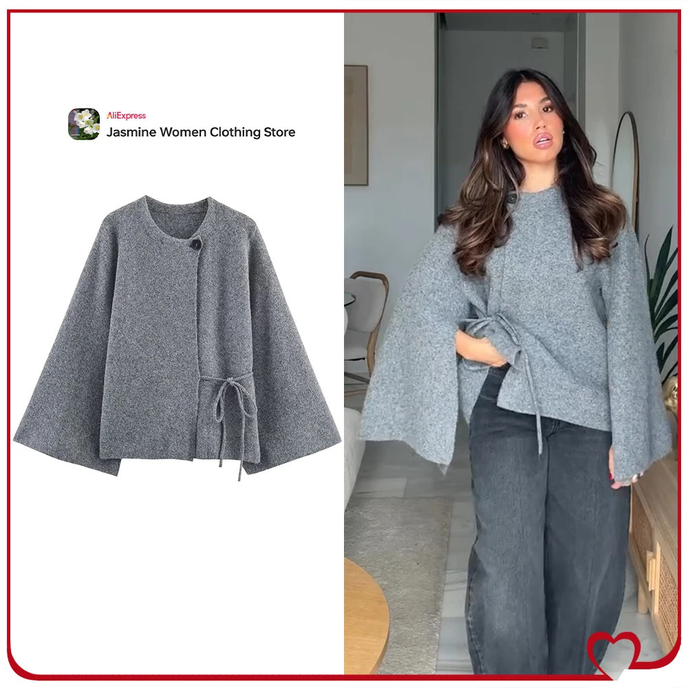 

Elegant Chic Autumn Knit Kimono Coat with Slit Sleeves Stylish Women's Round Neck Cardigan Crossover Closure with Tie and Button